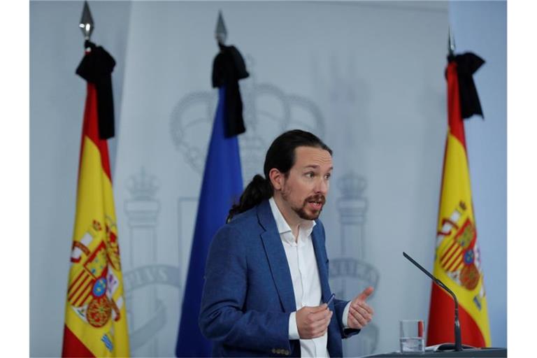 Pablo Iglesias vom Linksbündnis Unidas Podemos bei einer Pressekonferenz zum Grundeinkommen. Foto: Pool/EUROPA PRESS/dpa