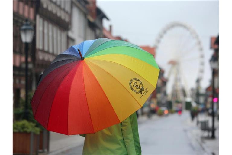 Passanten gehen bei Regenwetter durch die Fußgängerzone von Wernigerode in Sachsen-Anhalt. Foto: Matthias Bein/dpa-Zentralbild/dpa