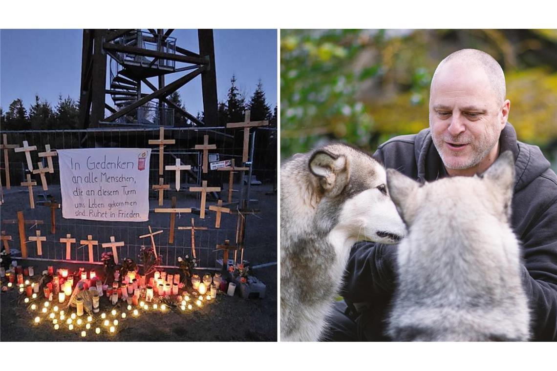 Patrick Eisenhardt geht mit seinen Hunden immer wieder in der Nähe des Aussichtsturms spazieren. Wie eine Gruppe von Eltern mit einer Gedenk-Aktion im Dezember (links) setzt auch er sich für die Sicherung des Turms ein.