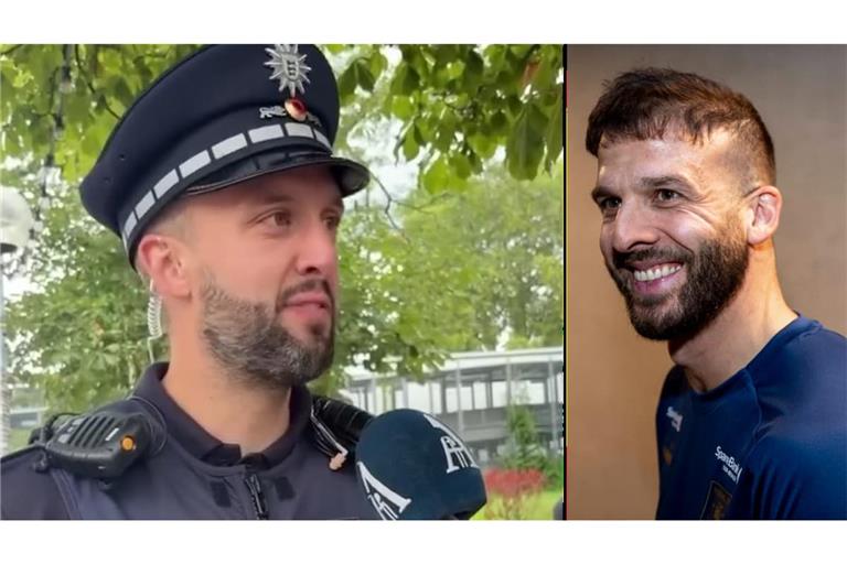 Patrick Müller von der Stuttgarter Polizei wird vor dem Champions-League-Spiel des VfB Stuttgart gegen Viking Stavanger von einem norwegischen Fernsehteam interviewt, weil er Viking-SpielerZlatko Tripić (rechts) ähnlich sieht.