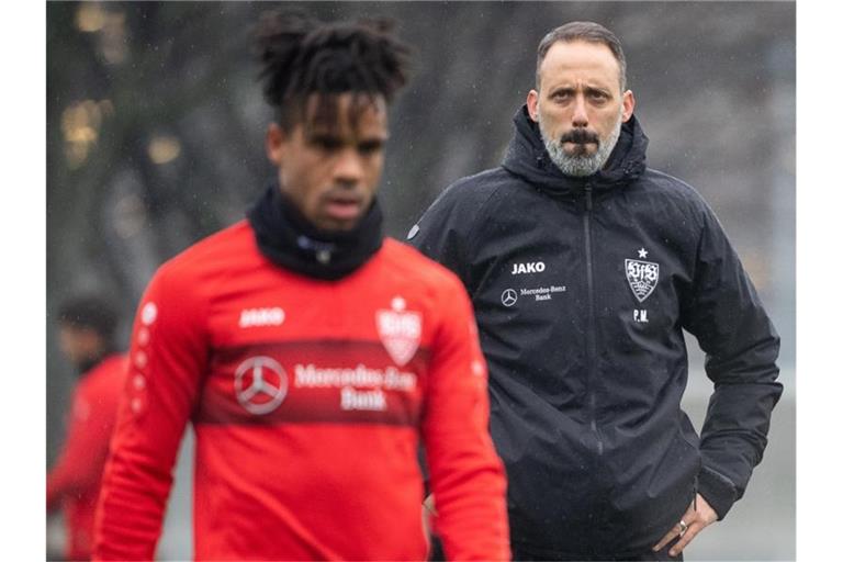 Pellegrino Matarazzo (r), Trainer des VfB Stuttgart, schaut Richtung Daniel Didavi. Foto: Sebastian Gollnow/dpa