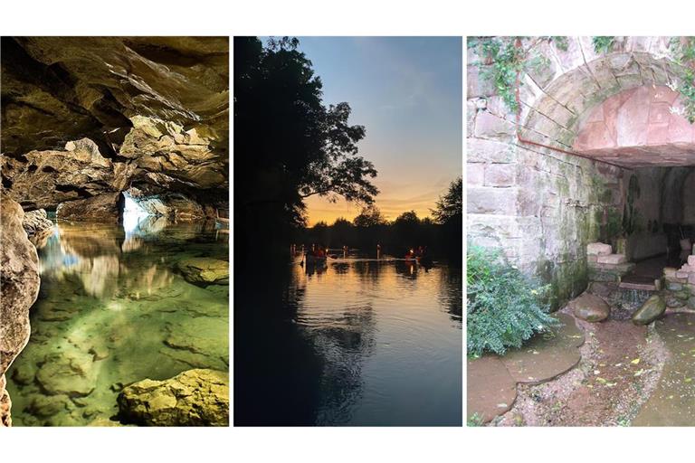 Perfekt an heißen Sommertagen: Wimsener Höhle, magische Dämmerung auf der Enz und ein Bächle in der Innenstadt von Calw (v.l.n.r.).