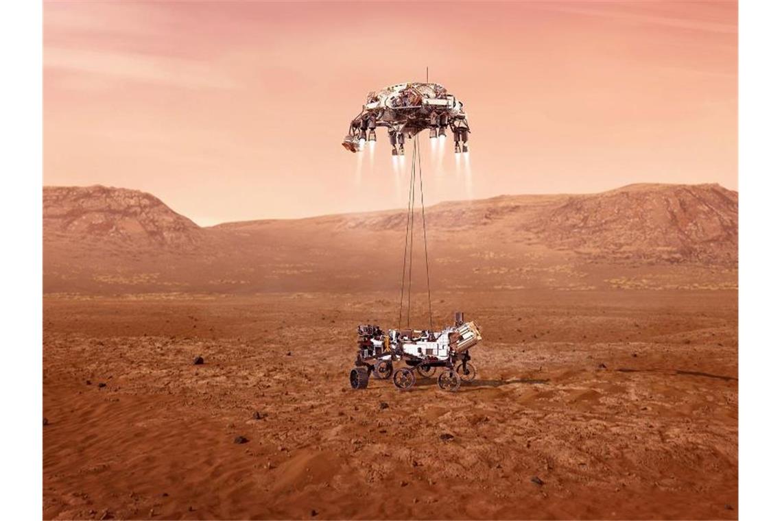 Nasa-Rover „Perseverance“ auf dem Mars gelandet „Perseverance“ hat sogar einen Mini-Hubschrauber im Gepäck (Illustration). Foto: NASA/dpa