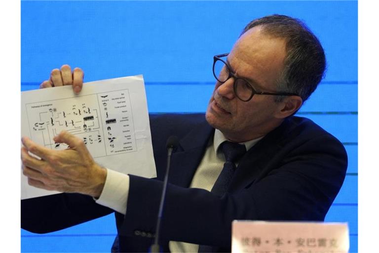 Peter Ben Embarek, Chef des WHO-Teams, zeigt bei einer Pressekonferenz in Wuhan eine Grafik mit Übertragungswegen des Coronavirus. Foto: Ng Han Guan/AP/dpa