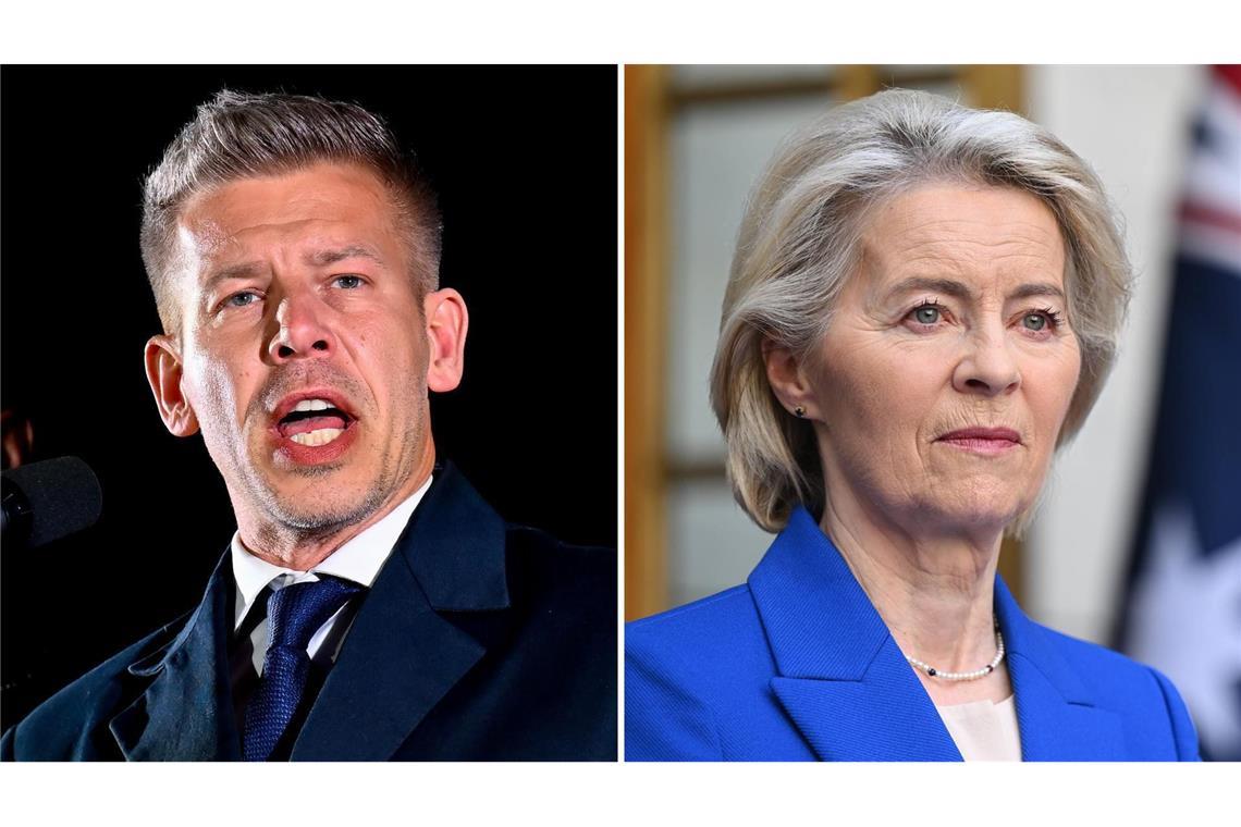 Peter Magyar, der Vorsitzende der Oppositionspartei Tisza, und EU-Kommissionspräsidentin Ursula von der Leyen (Archivbild).
