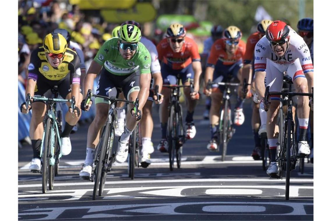 Radstar Sagan trotzig: „Nicht unter Druck“ - Viviani jubelt Peter Sagan (2.v.l) im Endspurt neben Alexander Kristoff (r) - Sagan belegt den vierten Platz. Foto: Yorick Jansens/BELGA