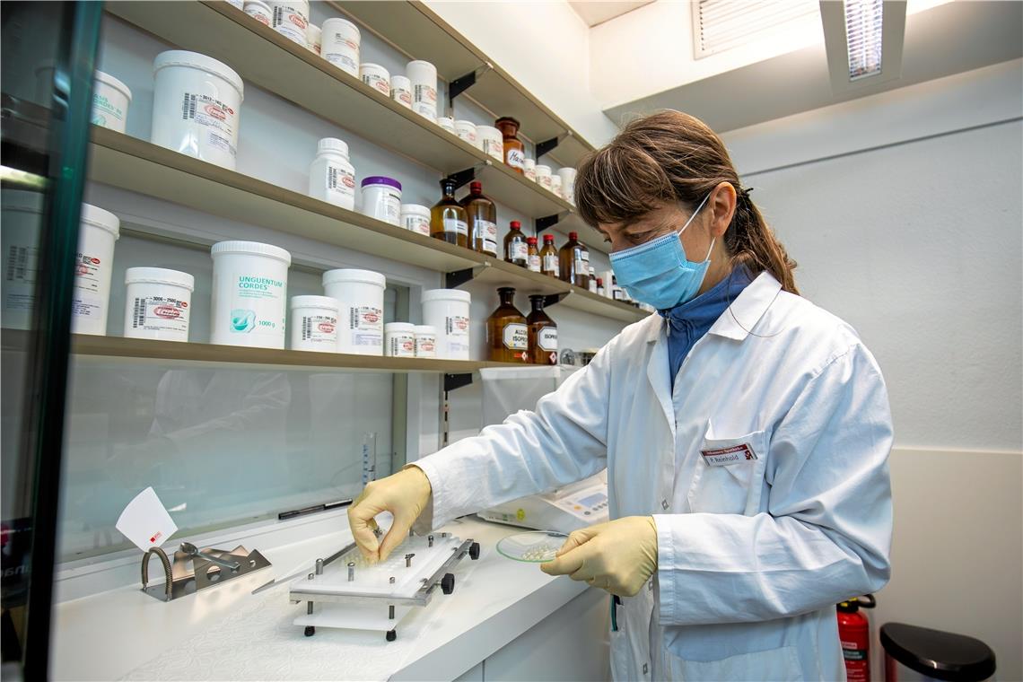 Spezialisten für individuelle Rezepturen Petra Reinhold befüllt in der Johannes-Apotheke in Backnang Kapseln. Foto: A. Becher
