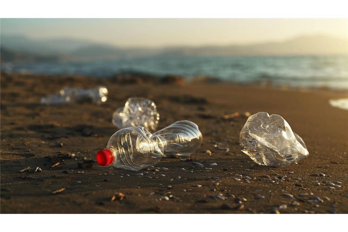 Plastikflaschen am Sandstrand: Müll am Strand und im Meer ist sichtbar, doch die unsichtbaren Gefahren wie Chemikalien sind oft viel gefährlicher..