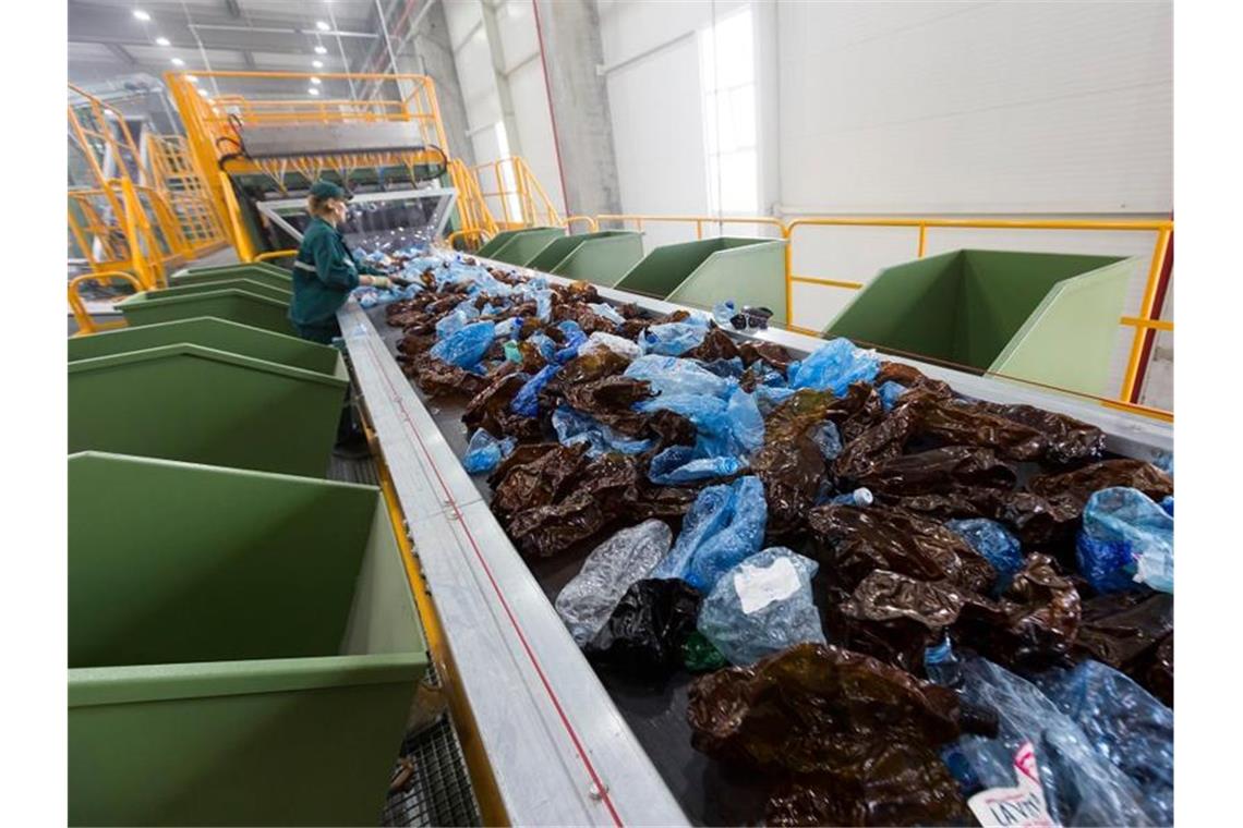Plastikflaschen auf dem Fließband einer Plastik-Recyclingfabrik in Rumänien. Foto: -/Firma Greentech/dpa