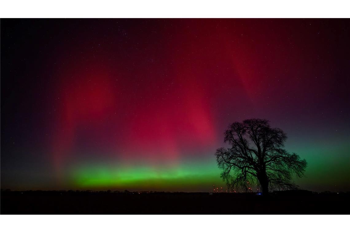 Polarlichter leuchten am Nachthimmel über der Landschaft im östlichen Brandenburg.