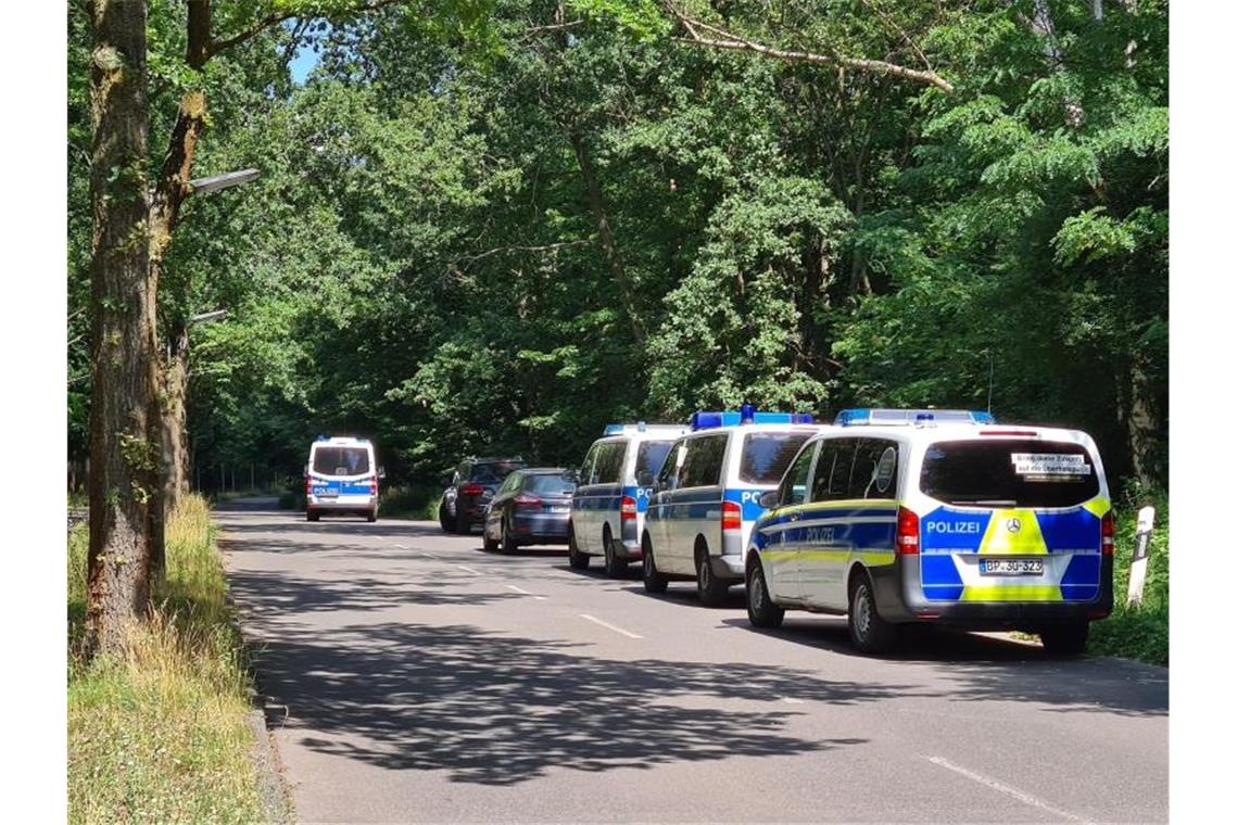 Junge Frauen vergewaltigt - Angeklagter gesteht Serientaten Polizeiautos stehen in einem Waldstück zwischen Babelsberg und Dreilinden. Über Wochen hinweg hatten Meldungen von gewalttätigen Übergriffen auf Frauen überwiegend im Berliner Südwesten große Verunsicherung und Besorgnis ausgelöst. Foto: Julian Stähle/dpa-Zentralbild/dpa/Archiv