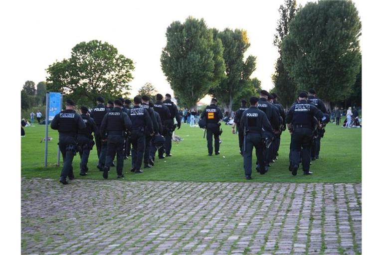 Polizeibeamte gehen über die Neckarwiese in Heidelberg. Foto: Rene Priebe/dpa/Archivbild