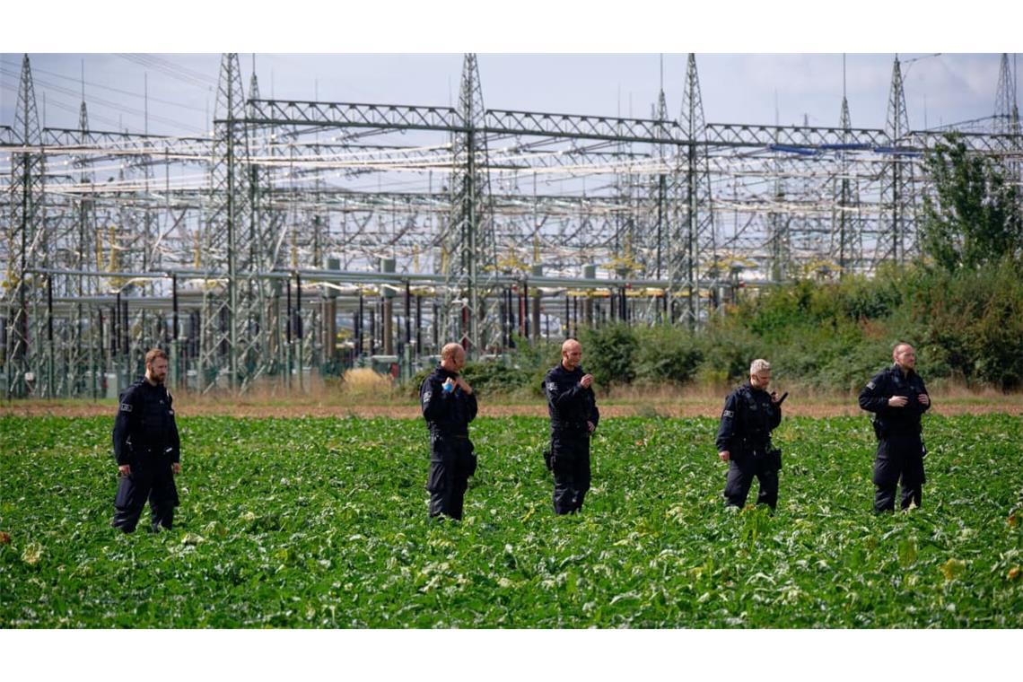 Polizisten suchen in der Umgebung des Umspannwerkes des Netzbetreibers Amprion in Bergheim ein Rübenfeld ab. Eine Störung an einem Umspannwerk in Bergheim bei Köln ist nach ersten Erkenntnissen der Polizei vorsätzlich verursacht worden.