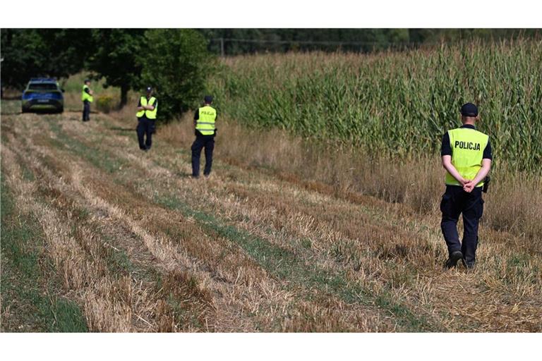 Polnische Polizisten sichern das Gebiet eines Maisfeldes in Osiny in Ostpolen, in das ein unbekanntes Flugobjekt gestürzt ist. (Foto aktuell)