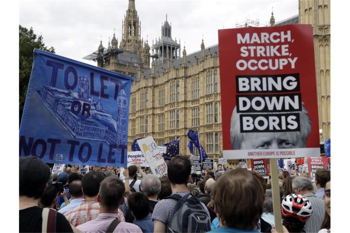 Pro-europäische Demonstranten protestieren vor dem Parlament in London. Foto: Matt Dunham/AP