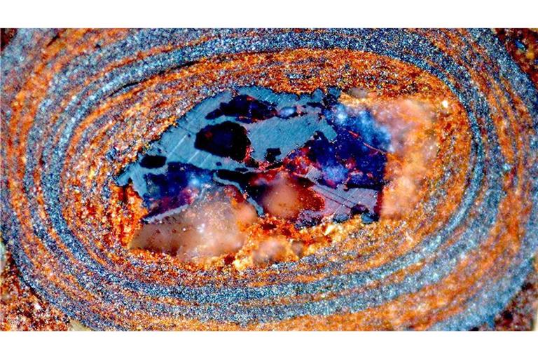 Querschnitt durch ein eiförmiges Eisenoxid-Steinchen: Wie in einer Zeitkapsel sind darin Information über den Gehalt von organischem Kohlenstoff des Meeres vor Jahrmillionen gespeichert.  