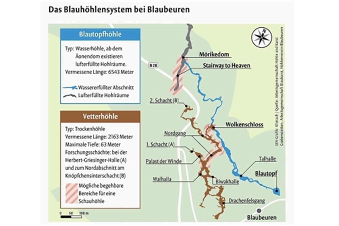 Räume und Gänge der Blauhöhle und Vetterhöhle.