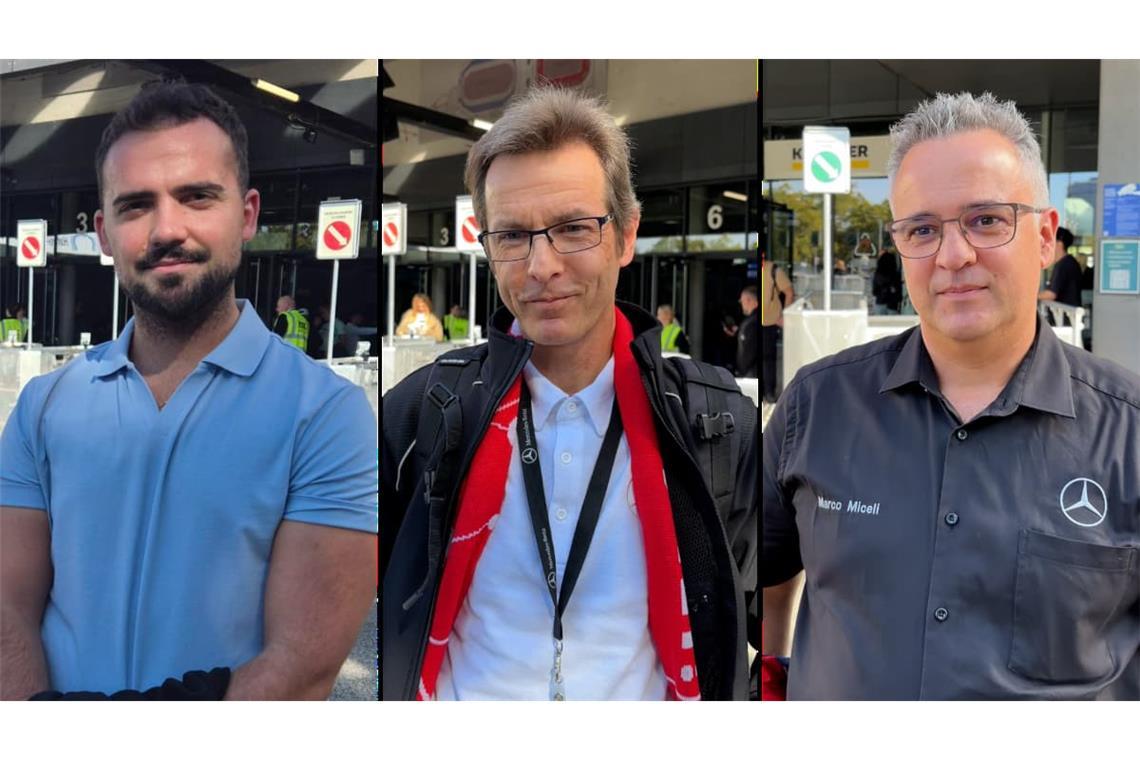 Rafael Mpouras, Dietmar Beck, Marco Miceli (von links) und nach Betriebsratsangaben mehr als 5000 weitere Beschäftigte nahmen an der Betriebsversammlung in der Hanns-Martin-Schleyer-Halle teil.