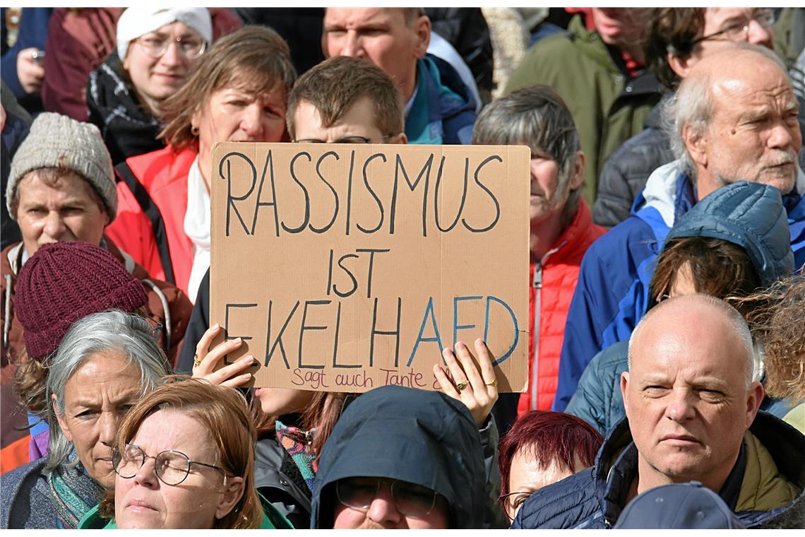 RASSISMUS IST EKELHAFD steht auf dem Schild. Demonstration und Kundgebung gegen ...