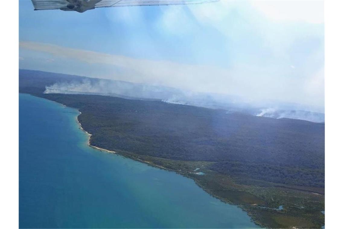 Rauch steigt auf in einem Waldstück in K'gari (Fraser Island). Foto: -/AAP Image/SAVE FRASER ISLAND DINGOES/dpa