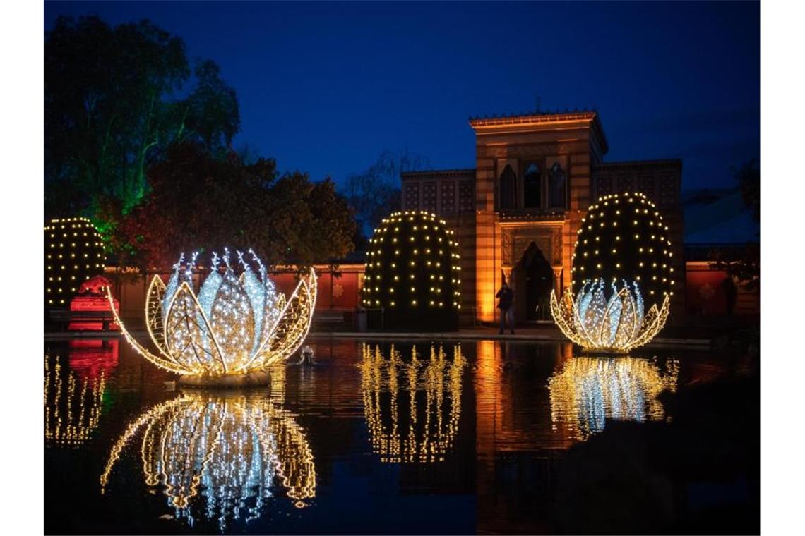 Reichlich Weihnachtsbeleuchtung erstrahlt im Christmas Garden in der Wilhelma. Foto: Tom Weller/dpa