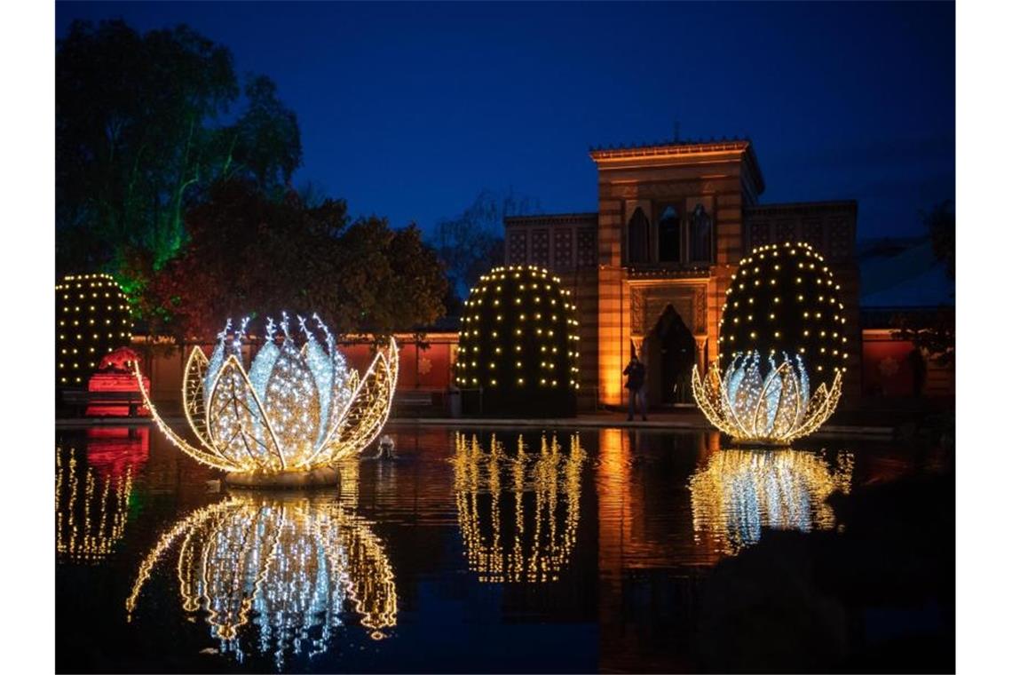 10 000 Besucher bisher bei Lichtspektakel „Christmas Garden“ Reichlich Weihnachtsbeleuchtung erstrahlt im Christmas Garden in der Wilhelma. Foto: Tom Weller/dpa