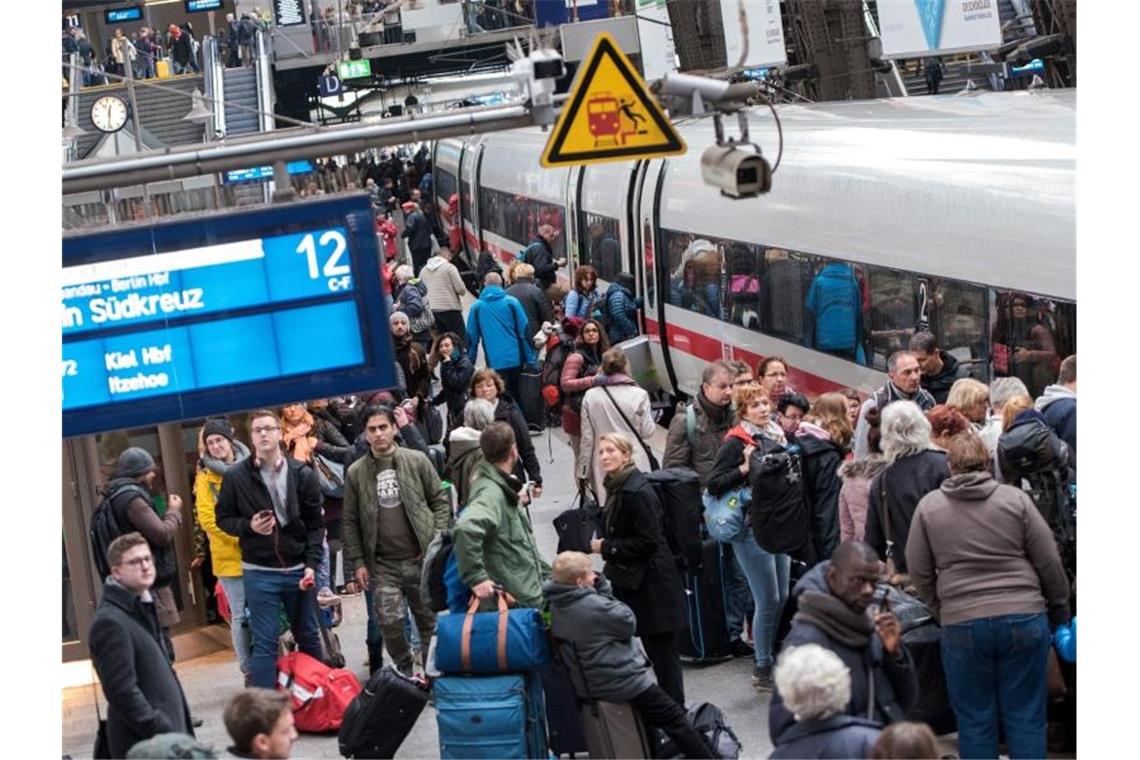 Reisende an einem Bahnhof: Der Grünen-Fraktionschef im Bundestag, Anton Hofreiter, glaubt nicht, dass Bahntickets im Fernverkehr schon Anfang 2020 billiger werden. Foto: Daniel Bockwoldt/dpa/Archivbild