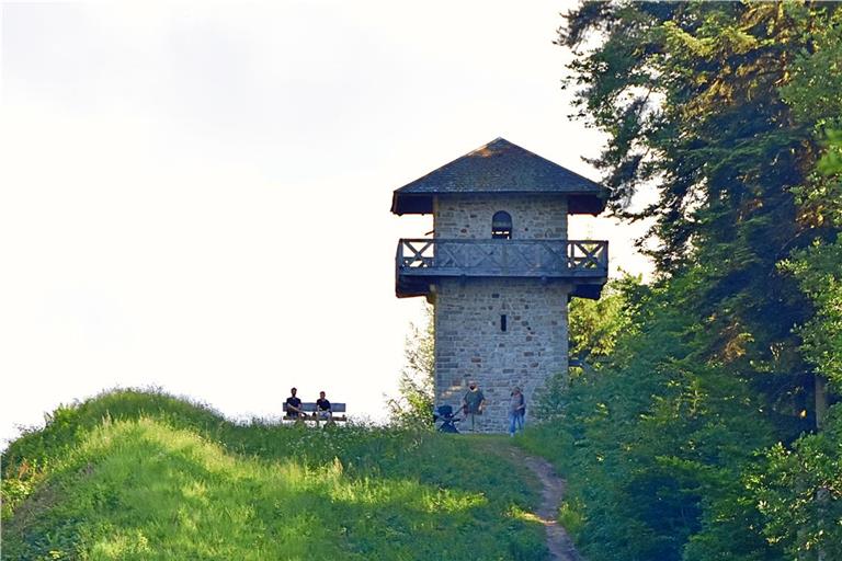 Rekonstruierte Türme wie hier in Grab und Reste alter Grenzanlagen begleiten die Wanderer auf dem Limeswanderweg. Archivfoto: Tobias Sellmaier