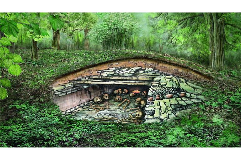 Rekonstruktion des Felskammergrabs von (um 3100 v. Chr.): Unter den Bestatteten fand sich aufgrund der genetischen Analysen u. a. der Sohn einer Familie aus der circa 250 Kilometer weiter südlich gelegenen Wetterau. 