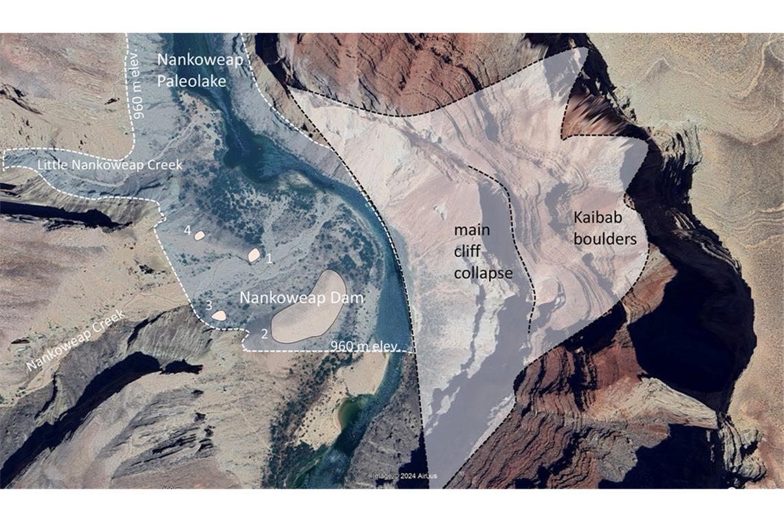 Wie ein Meteoriten-Einschlag den Grand Canyon veränderte Rekonstruktion des Nakoweap-Felsssturzes und des von ihm erzeugten Paläosees.