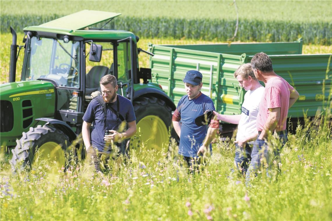 Landwirte wollen keine Buhmänner sein René Greiner, Landschaftsökologe beim Landesjagdverband, Jochen Schäufele vom Nabu Aspach, Sebastian Bäuerle, Nachwuchslandwirt aus Kleinaspach, und Matthias Holzwarth, ebenfalls Landwirt aus Kleinaspach (von links), sind sich einig, dass Naturschützer und Landwirtschaft besser zusammenarbeiten müssen. Fotos: A. Becher