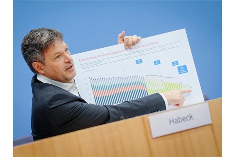 Robert Habeck stellt in der Bundespressekonferenz Sofortmaßnahmen für die Klimaziele der Bundesregierung vor. Foto: Kay Nietfeld/dpa