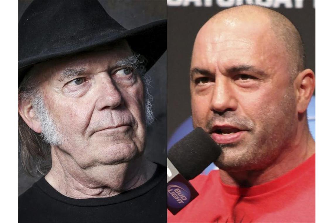 Spotify will mehr Aufklärung bei Corona-Themen Rockstar Neil Young (l) hat Spotify wegen des Podcasts von Joe Rogan verlassen. Foto: Uncredited/AP/dpa