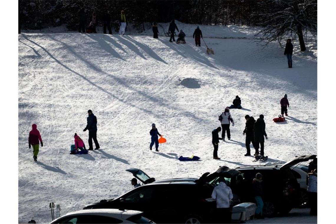 Rodler genießen nahe Holzelfingen einen sonnigen Wintertag. Foto: Christoph Schmidt/dpa