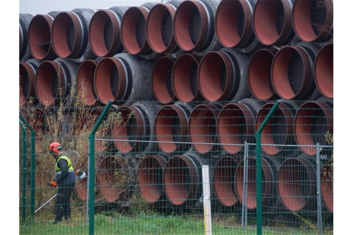 Rohre für die Ostsee-Gaspipeline Nord Stream 2 werden auf dem Gelände des Hafens Mukran bei Sassnitz gelagert. Foto: Stefan Sauer/dpa-Zentralbild/dpa