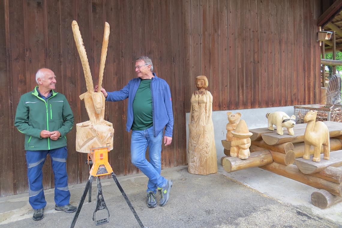 Neue Holzskulpturen in Murrhardt Roland Funk (links) und Gerhard Wahl engagieren sich ehrenamtlich für die Verschönerung von Wanderwegen. Während Gerhard Wahl die Holzfiguren für den Brünnelesweg geschnitzt hat, gestaltete Roland Funk die Schilder zu den Figuren. Fotos: privat