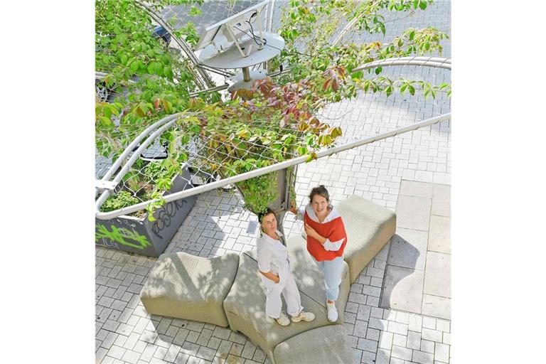 Rosa Pöttinger (l.) und Miriam Köpf unter ihrer Erfindung: Im Sommer 2025 stellten sie den Ecotrii-Prototyp an der Eichstraße in Stuttgart auf.