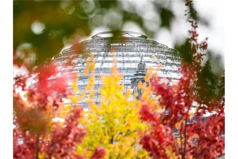 Rot-gelb-grün herbstlich verfärbte Blätter sind an Bäumen vor der Reichstagskuppel zu sehen. Foto: Britta Pedersen/dpa-Zentralbild/dpa