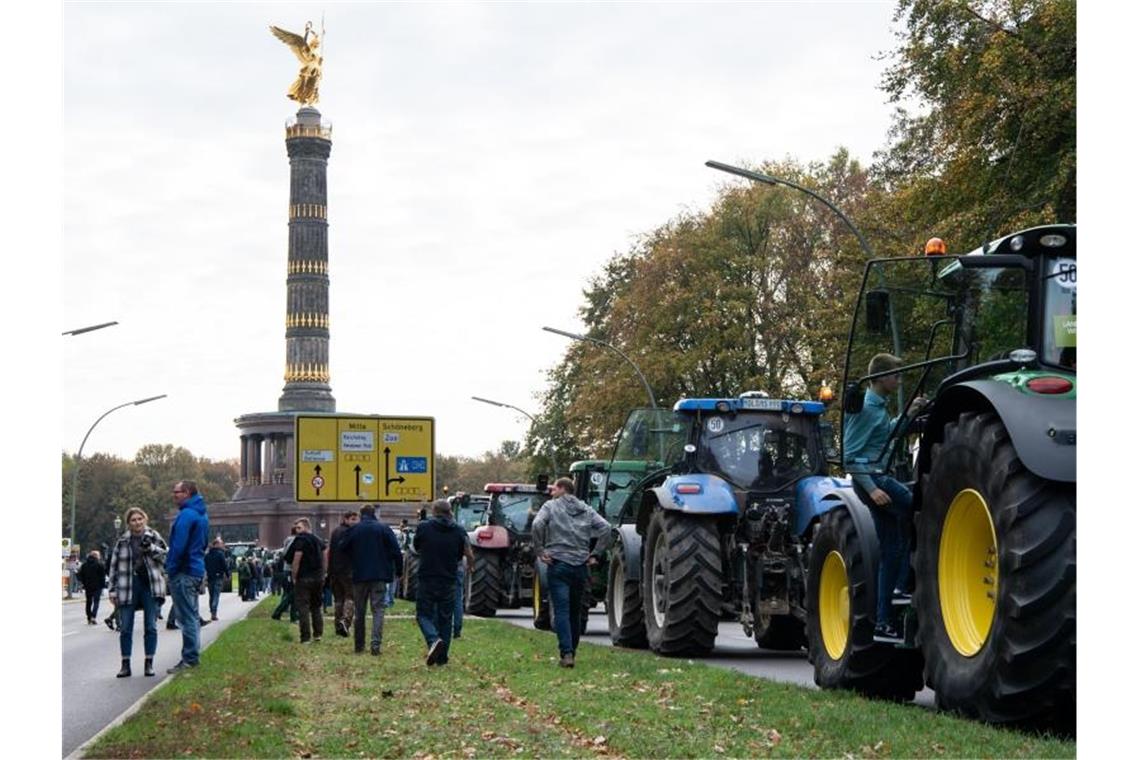 Bauernproteste gegen Agrarpolitik Rund 1000 Bauern kamen mit ihren Traktoren aus verschiedenen Orten Brandenburgs per Sternfahrt nach Berlin-Mitte. Foto: Bernd von Jutrczenka/dpa