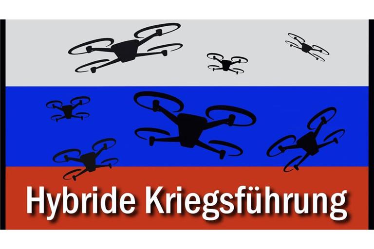 Russlandfahne und stilisierte Drohnen mit dem Schriftzug hybride Kriegsführung (Fotomontage). 