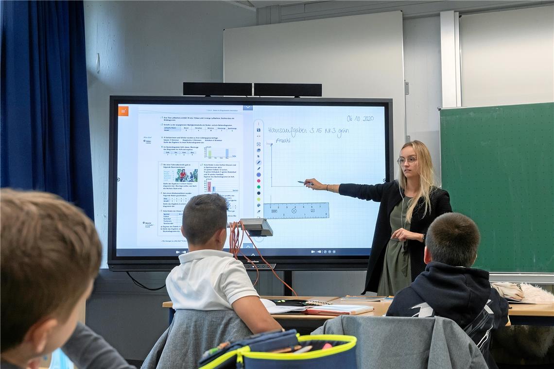 Sabrina Spiller unterrichtet die Klasse 5d an der Max-Eyth-Realschule mit dem Smartboard. Momentan ist das in Backnang aber noch eine Ausnahme. Foto: J. Fiedler