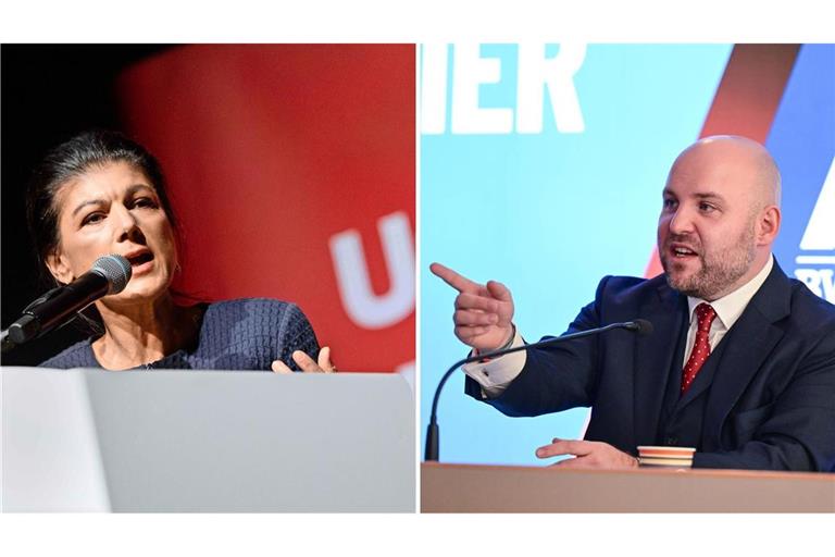 Sahra Wagenknecht (BSW) bei einem Wahlkampfauftritt in Stuttgart und der Spitzenkandidat der AfD, Markus Frohnmaier.