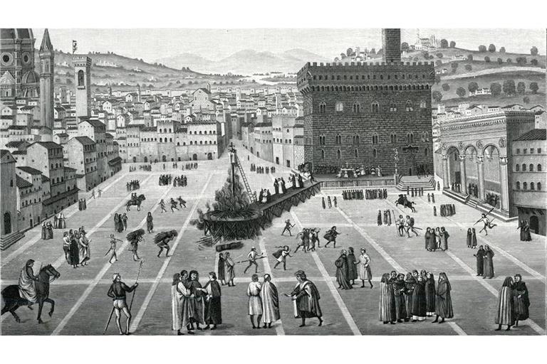 Savonarola wird am 23. Mai 1498 auf der  Piazza della Signoria in Florenz mit zwei Mitbrüdern gehängt und anschließend verbrannt.