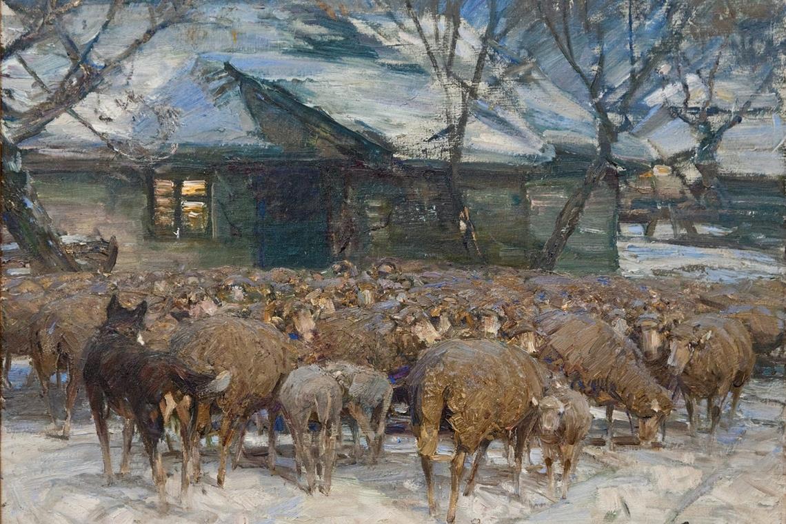 Zügels Schafe standen Thomas Mann Modell Schafe gehörten von jeher zur alltäglichen Umgebung – Heinrich von Zügels Eltern hatten eine Schäferei auf dem Murrhardter Wolkenhof. Früh und auch später in seiner Kariere als Tiermaler hat er sie auf die Leinwand gebannt, die Aufnahme zeigt das Bild „Winterabend bei Bogenhausen“. Archivfoto: J. Fiedler