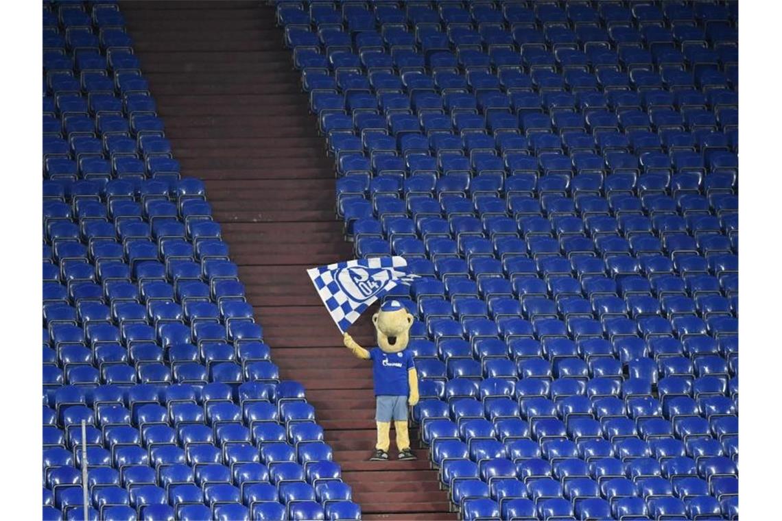 Bundesliga: Das war der Samstag, das kommt am Sonntag Schalke-Maskottchen Erwin schwenkt auf der sonst leeren Tribüne während des Revierderbys eine Fahne. Foto: Martin Meissner/Pool AP/dpa