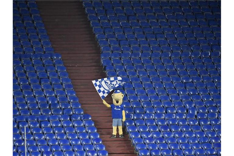 Schalke-Maskottchen Erwin schwenkt auf der sonst leeren Tribüne während des Revierderbys eine Fahne. Foto: Martin Meissner/Pool AP/dpa