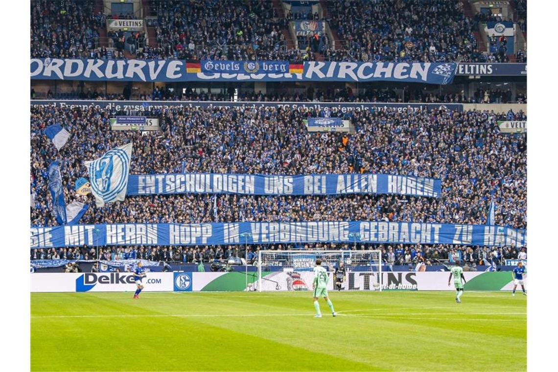 Schalker Fans zeigen beim Spiel gegen Hoffenheim ein Hopp-kritischen Banner. Foto: David Inderlied/dpa