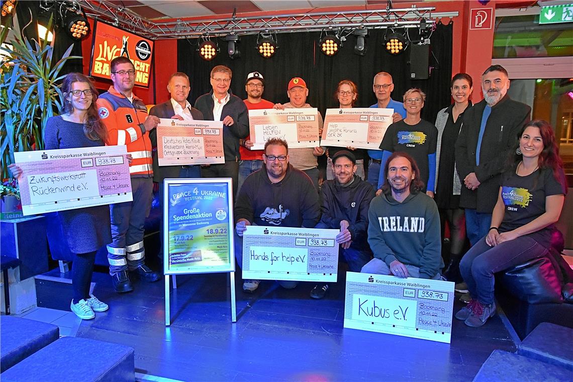 Schecks über jeweils 938,73 Euro nehmen die Vertreter der sechs Hilfsorganisationen entgegen. Foto: Tobias Sellmaier 