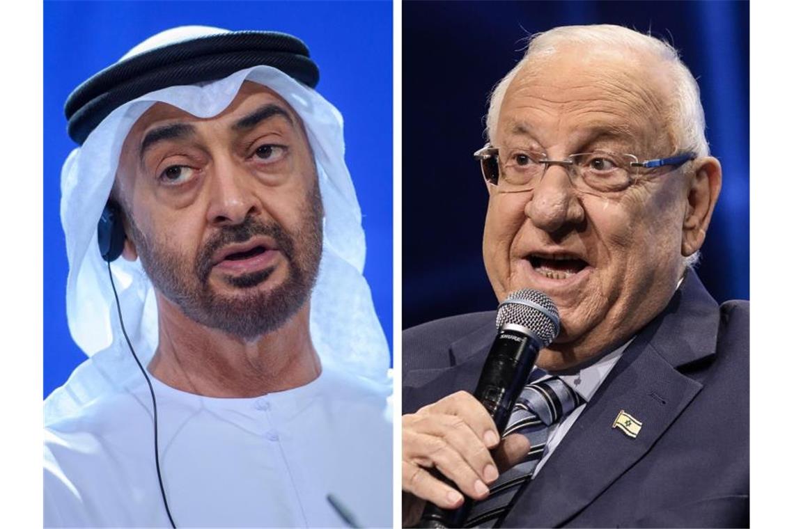 Scheich Mohammed bin Said Al Nahjan (L) und Reuven Rivlin, Präsident von Israel. Foto: Gregor Fischer/Ilia Yefimovich/dpa
