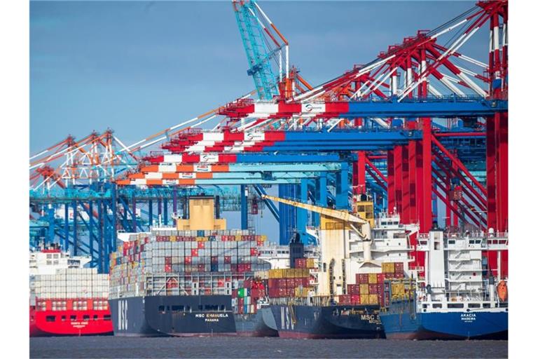 Schiffe liegen im Containerhafen in Bremerhaven. Foto: Sina Schuldt/dpa